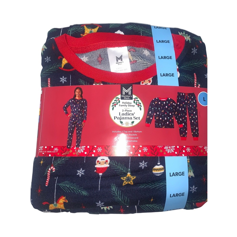 Womens Holiday Pajama Set‎ 2pc Navy Blue Christmas Santa Large